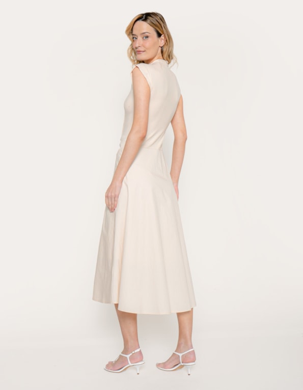 Vestido midi mix evase Bege claro