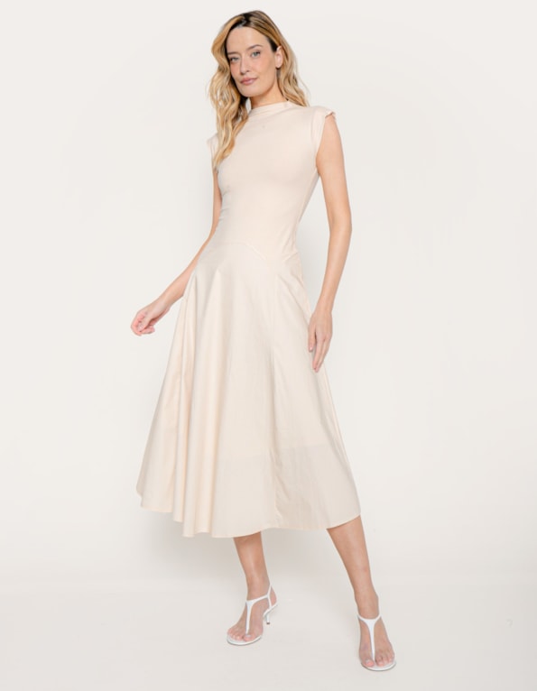 Vestido midi mix evase Bege claro