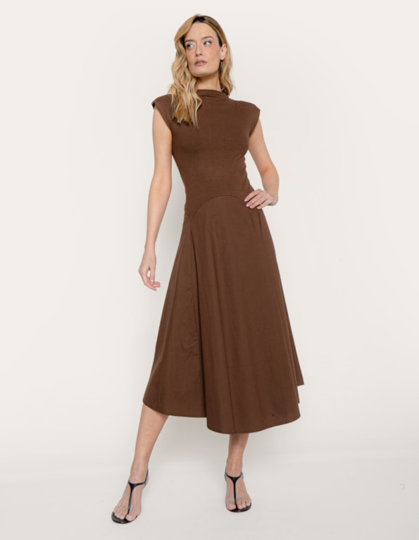 Vestido midi mix evase Marrom escuro