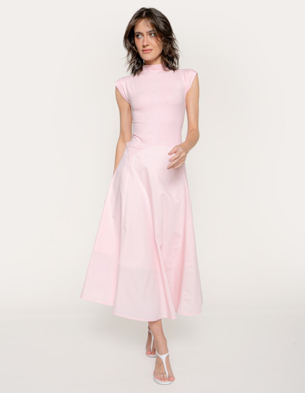 Vestido midi mix evase Rosa claro