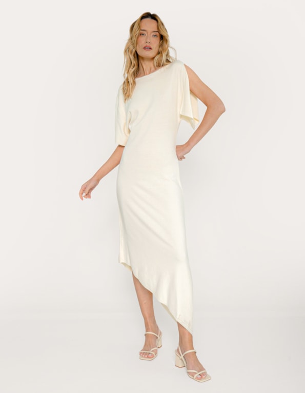 Vestido midi tricot assimetrico Off white
