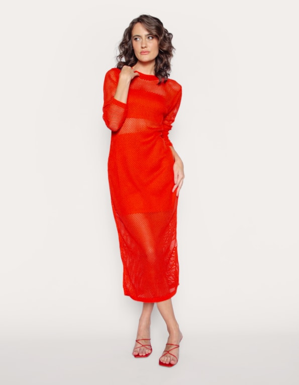 Vestido midi tricot com top e saia Laranja