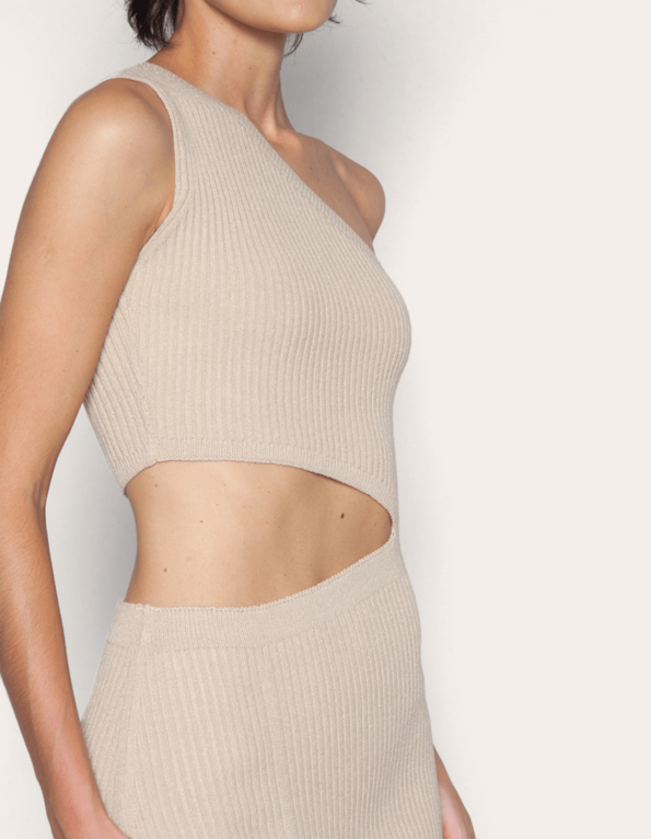 Vestido midi tricot cut Areia