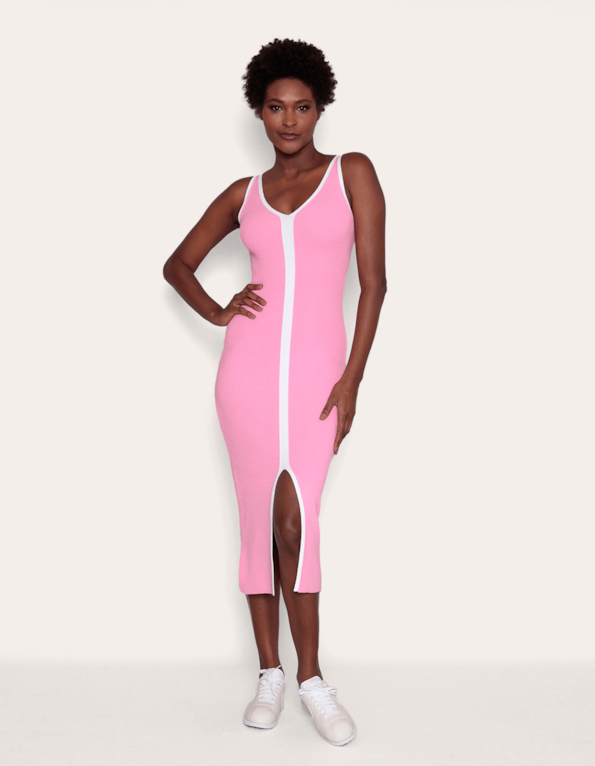 Vestido midi tricot fenda  Rosa po