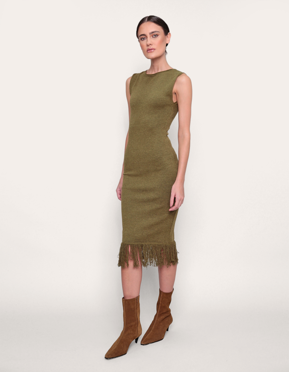 Vestido midi tricot franja Oliva
