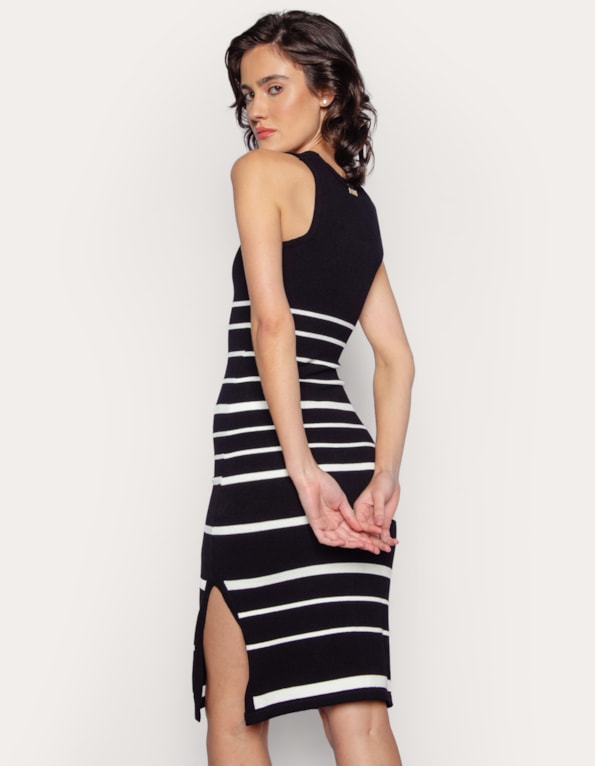 Vestido midi tricot listrado Preto/branco