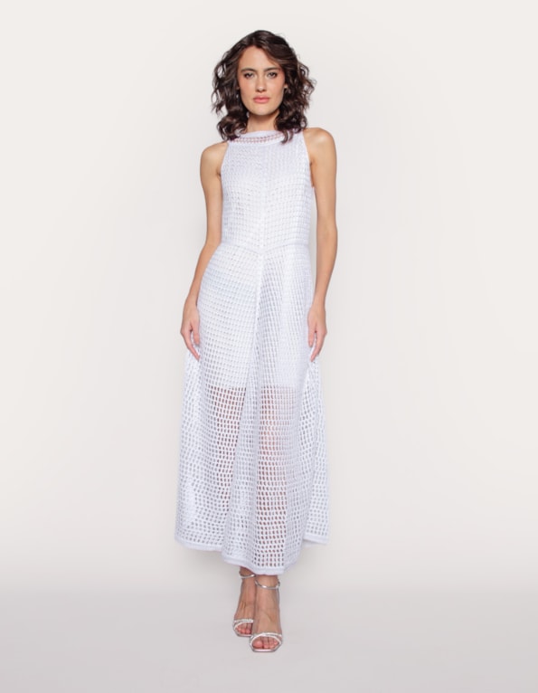 Vestido midi tricot lurex rendado Branco