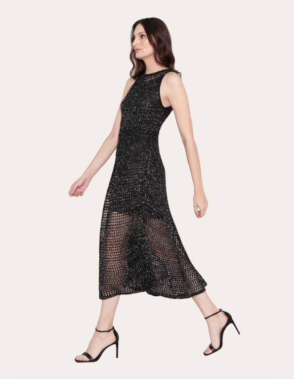 Vestido midi tricot lurex rendado Preto
