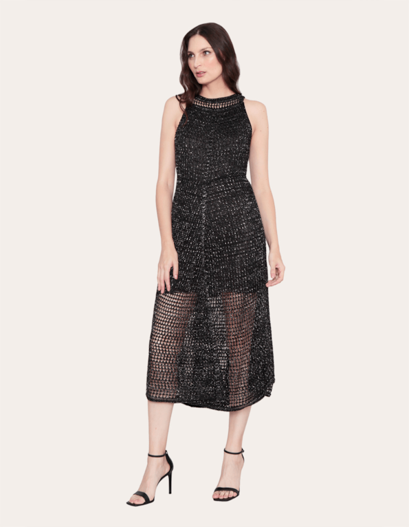 Vestido midi tricot lurex rendado Preto