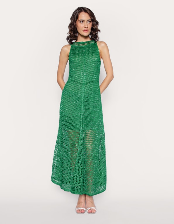 Vestido midi tricot lurex rendado Verde