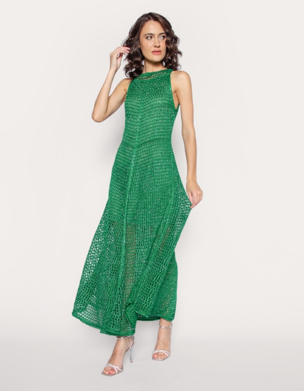 Vestido midi tricot lurex rendado Verde