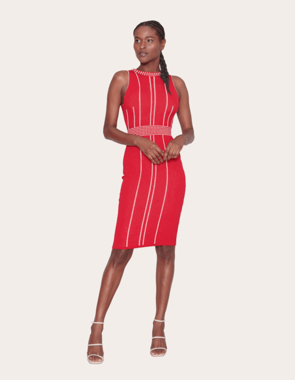 Vestido midi tricot pesponto Vermelho/off