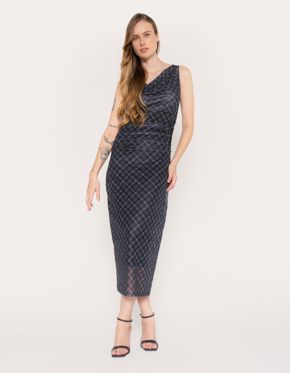 Vestido midi tule drapeado xadrez