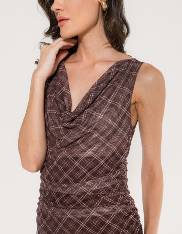 Vestido midi tule drapeado xadrez