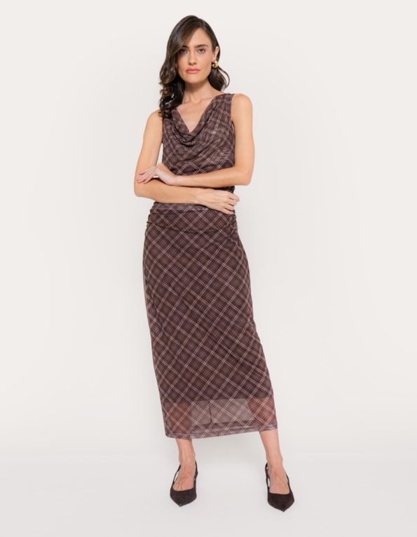 Vestido midi tule drapeado xadrez