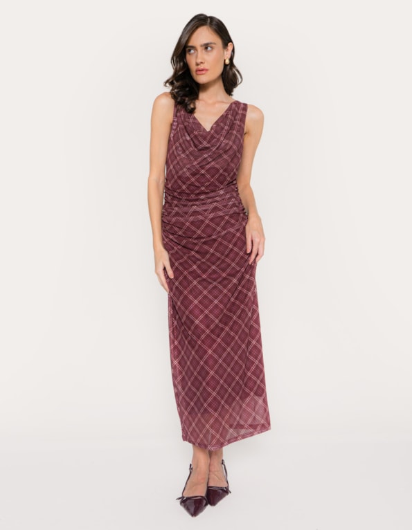 Vestido midi tule drapeado xadrez